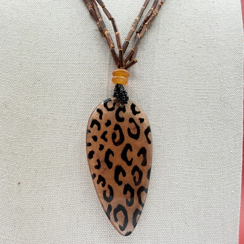 Leopard Print Pendant Multi Strand Brown Beaded Statement Necklace Boho Gift
